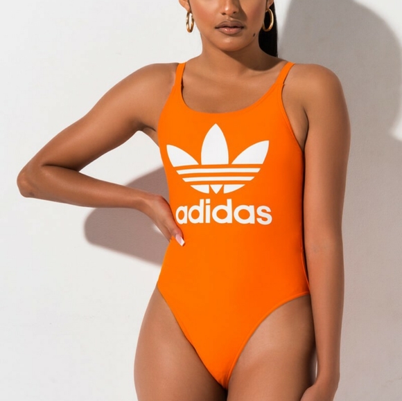Adidas orange trefoil one piece swimsuit